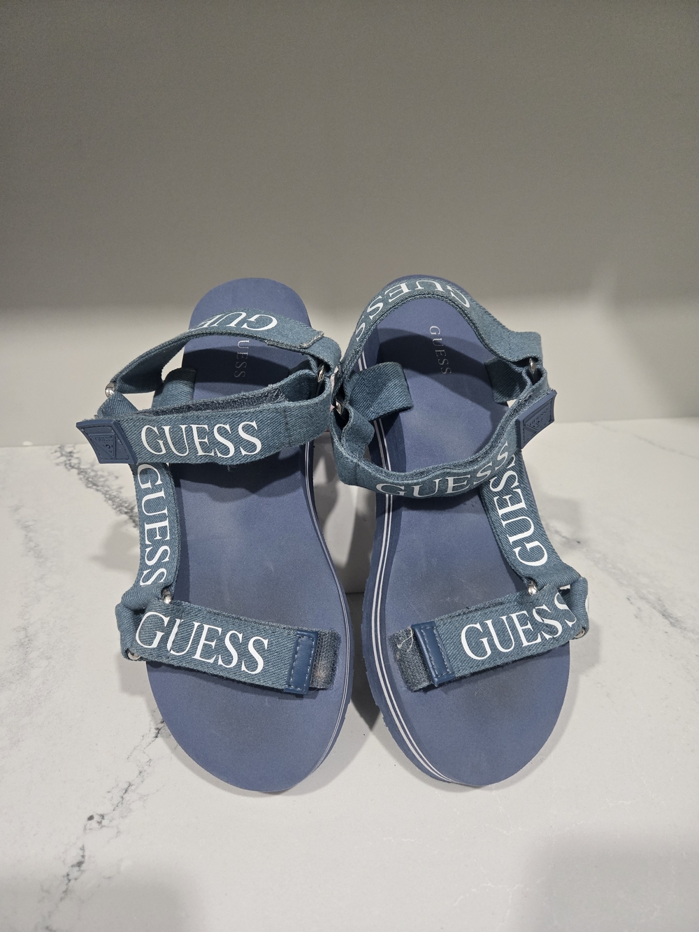 Guess Avin Wedge Sandals Denim Blue Chunkh Sporty Y2K Retro Summer Casual Sz 8